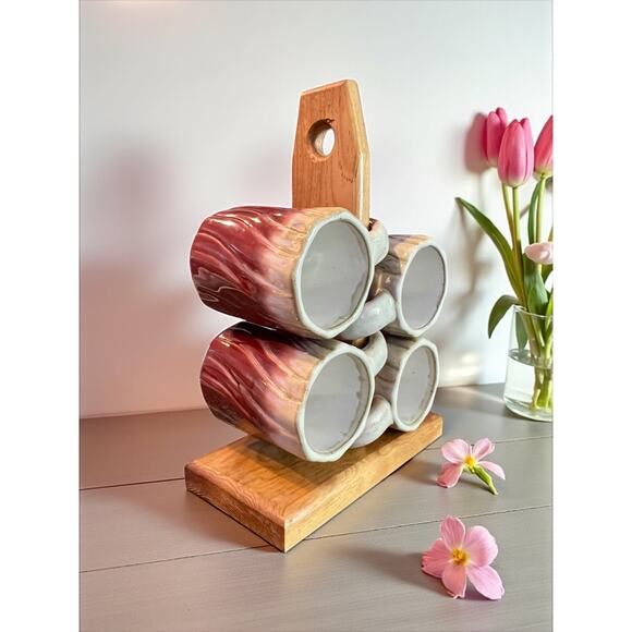 Rodolfo Padilla Drip Glaze Stoneware Mugs-Set of 4-Wood Stand-Mexico-Pottery-Red - Picture 7 of 11